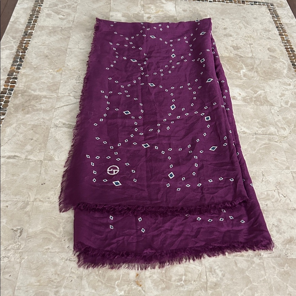 Giorgio Armani Silk Printed scarf prominent circular logo pattern in corner‎
